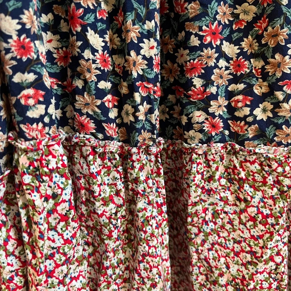 Natural Life Mixed Floral Print Tiered Colette Maxi Dress Blue Red Gold Large - Picture 11 of 11